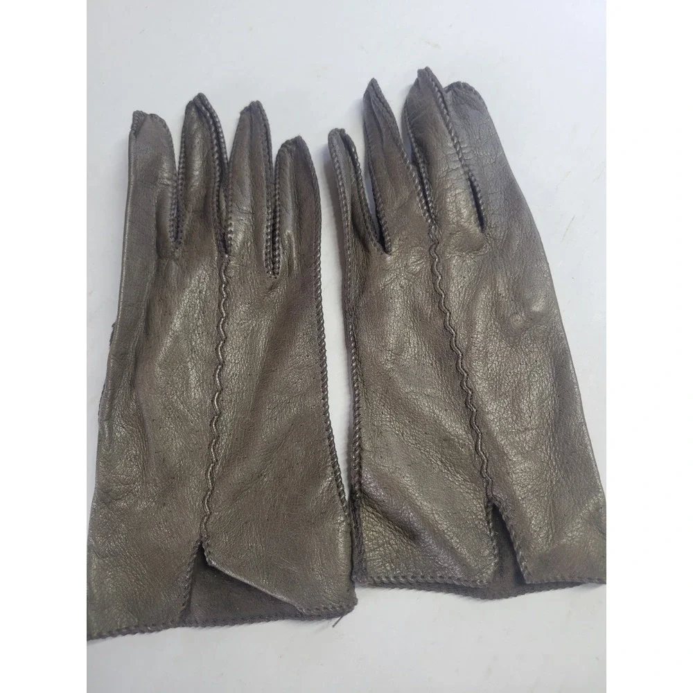 Vintage Genuine Deerskin‎ Leather Gloves Taupe Brown Whipstitch Sz 8.5 Hand Wash